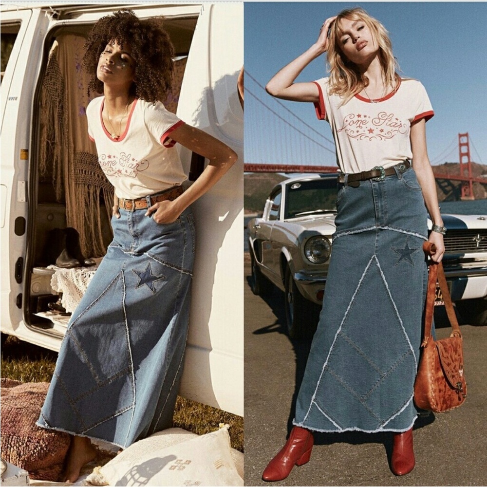 NWOT spell designs Ashbury patchwork denim skirt large